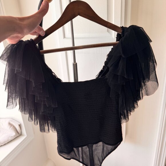NWT Free People "Kill the Lights" Bodysuit Black Tulle Ruffle Sleeve Top Sm - Picture 13 of 13